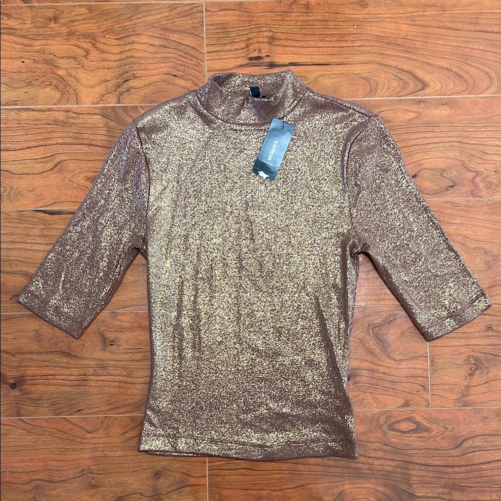 NWT Express Brown and Gold Shimmer Mockneck Blouse Shirt Top